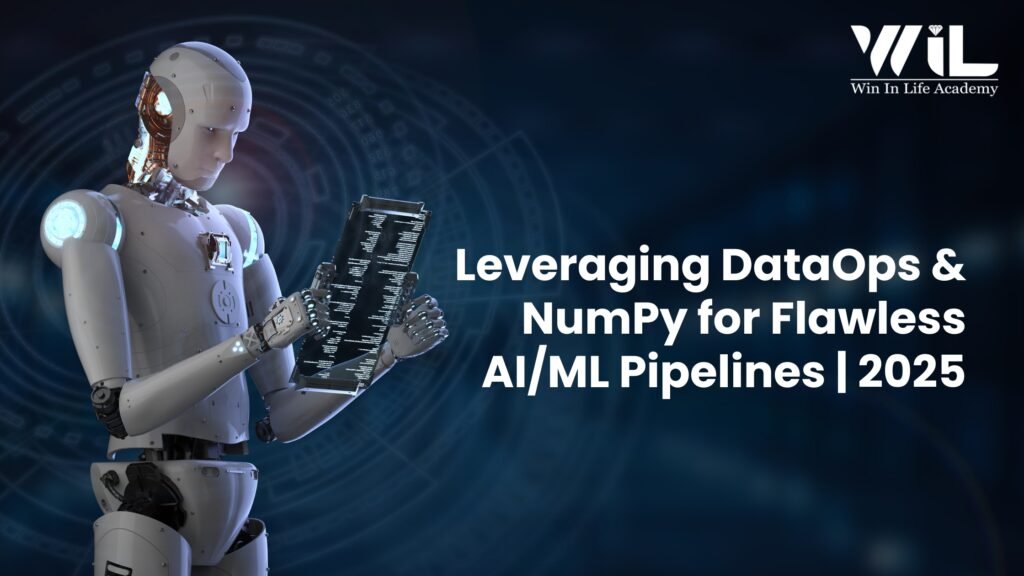 Humanoid robot examining data or code on a transparent tablet, symbolizing the role of DataOps and NumPy in building robust AI/ML pipelines.