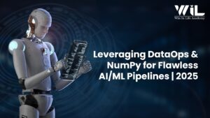 Humanoid robot examining data or code on a transparent tablet, symbolizing the role of DataOps and NumPy in building robust AI/ML pipelines.