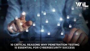 A cybersecurity professional performing penetration testing on a laptop, with network diagrams and security icons in the background, illustrating proactive digital defense.