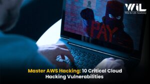 Secure cloud infrastructure with a digital shield protecting AWS services from cyber threats, representing AWS hacking defense and ethical hacking.