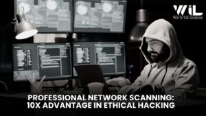 A hacker's hand hovering over a laptop keyboard with abstract network data visualization on screen.