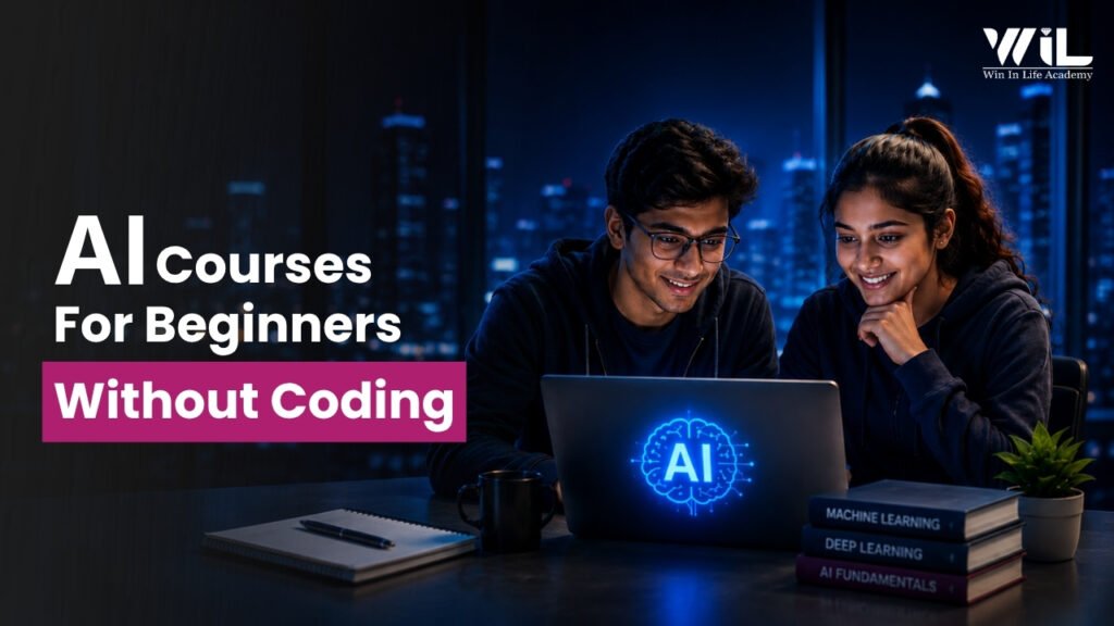 Illustration representing AI courses for beginners without coding, featuring students learning AI tools, analytics dashboards, and beginner-friendly machine learning concepts.