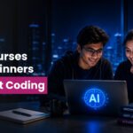 Illustration representing AI courses for beginners without coding, featuring students learning AI tools, analytics dashboards, and beginner-friendly machine learning concepts.