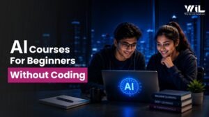 Illustration representing AI courses for beginners without coding, featuring students learning AI tools, analytics dashboards, and beginner-friendly machine learning concepts.