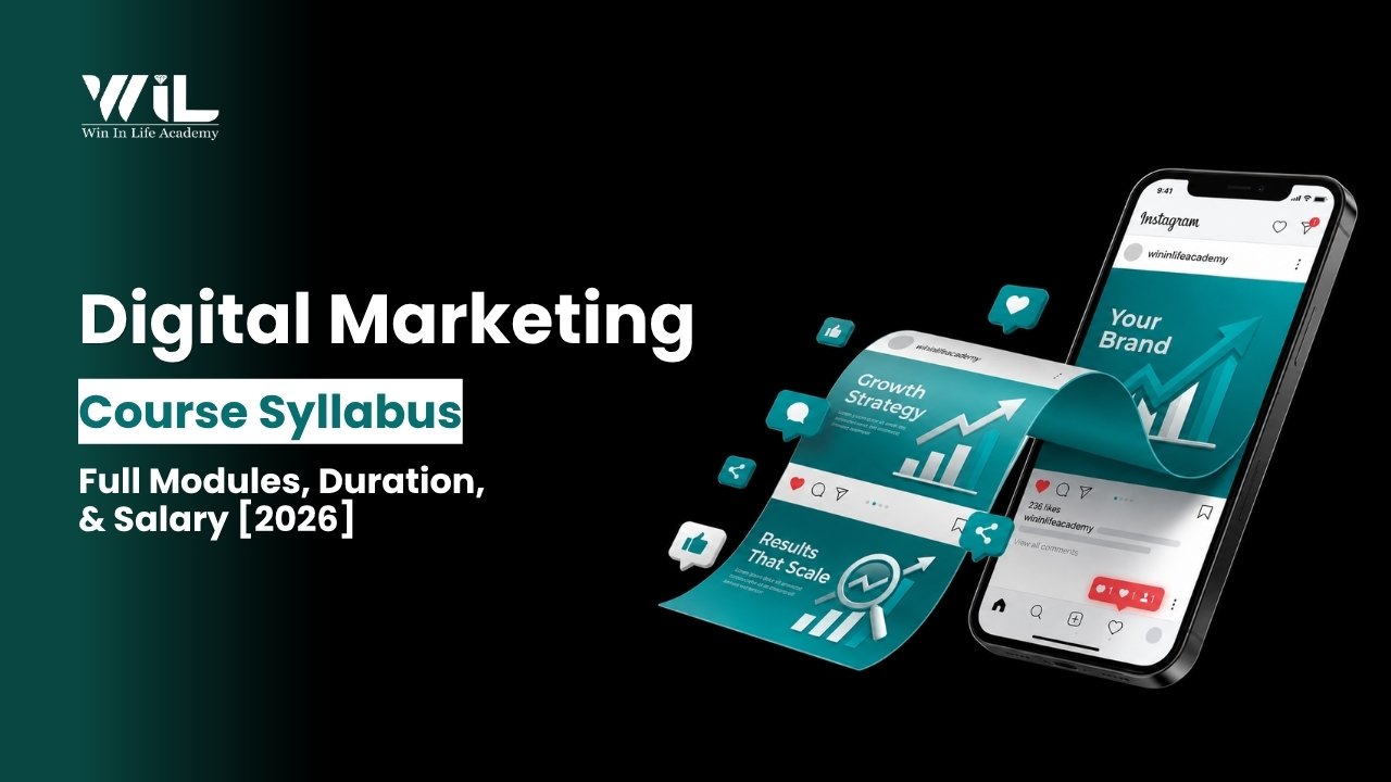 Digital marketing course syllabus covering SEO, Google Ads, social media marketing, AI tools, analytics, content marketing, and performance marketing modules.