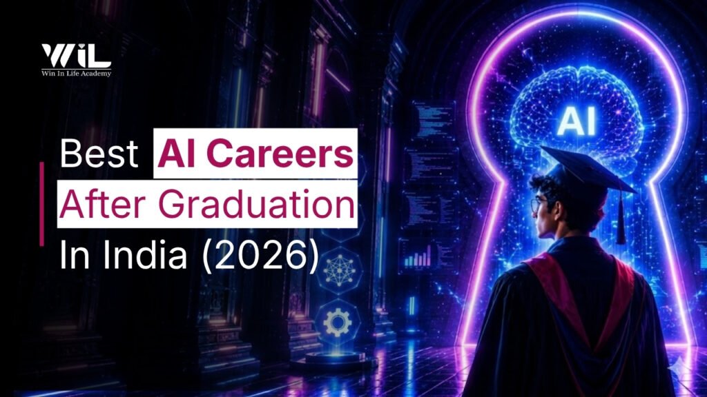 Illustration showing AI career options after graduation, including Data Scientist, Machine Learning Engineer, AI Engineer, Data Analyst, AI Product Analyst, and AI Digital Marketer roles.