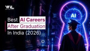 Illustration showing AI career options after graduation, including Data Scientist, Machine Learning Engineer, AI Engineer, Data Analyst, AI Product Analyst, and AI Digital Marketer roles.