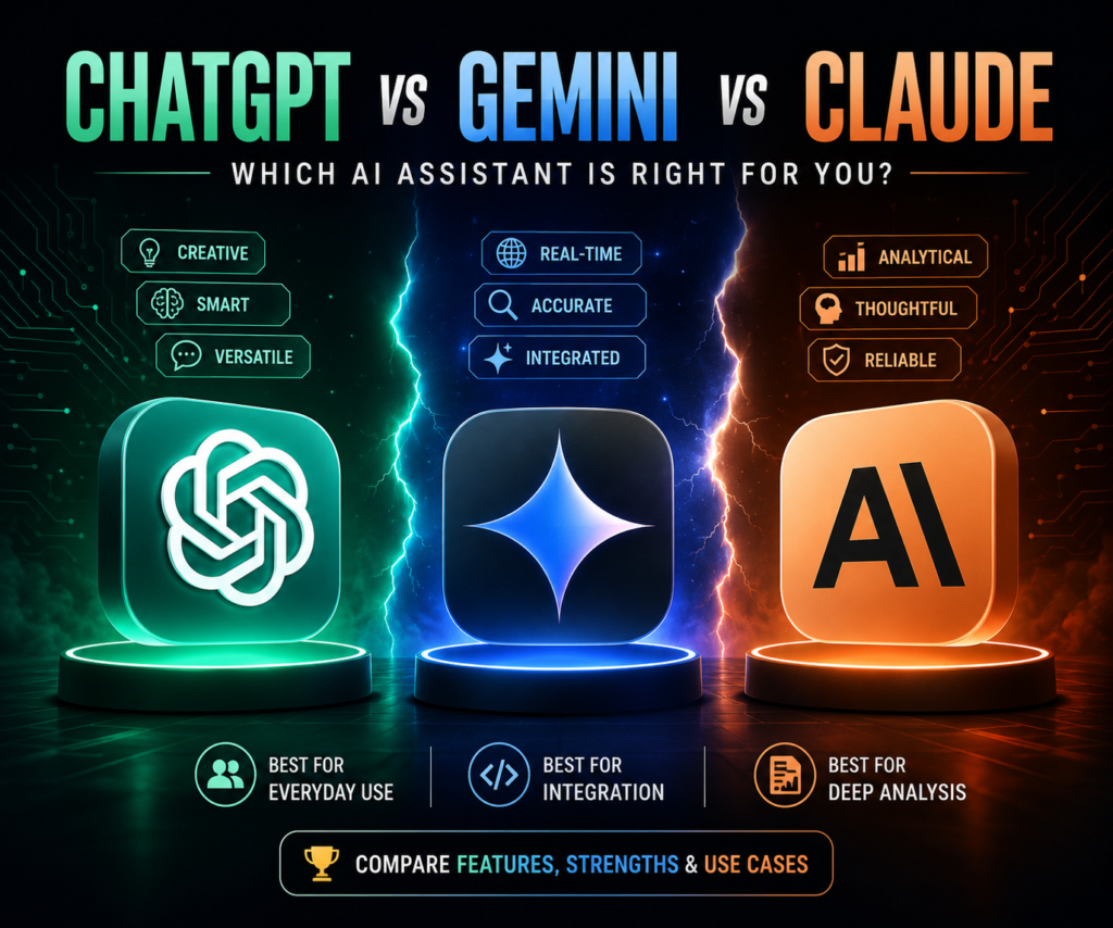 Comparison graphic featuring ChatGPT, Gemini, and Claude AI models for productivity, coding, writing, reasoning, and business use cases.