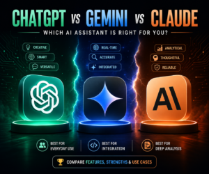 Comparison graphic featuring ChatGPT, Gemini, and Claude AI models for productivity, coding, writing, reasoning, and business use cases.