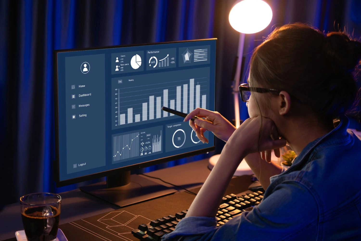 A woman analyzes graphs on a computer screen during a Business Analytics course in Kochi.