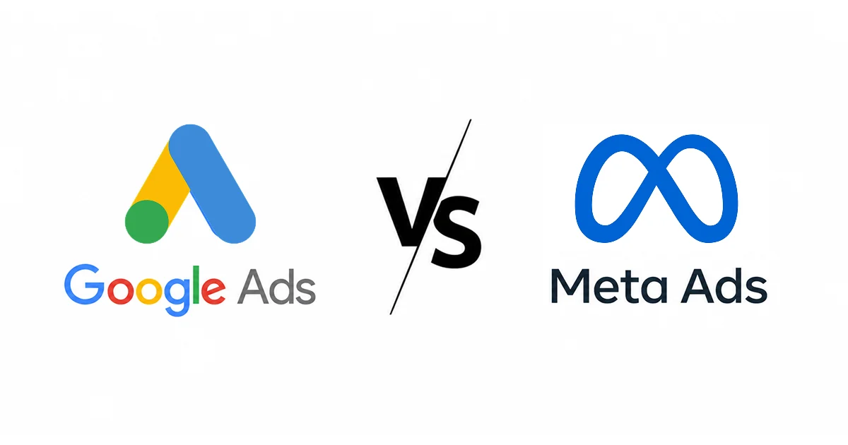Google Ads vs Meta Ads comparison showing differences in targeting, audience intent, costs, and marketing use cases.