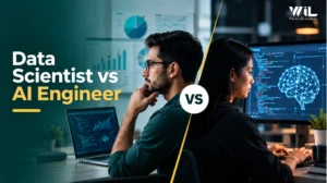 Data Scientist vs AI Engineer comparison showing differences in roles, skills, machine learning, data analysis, and AI development