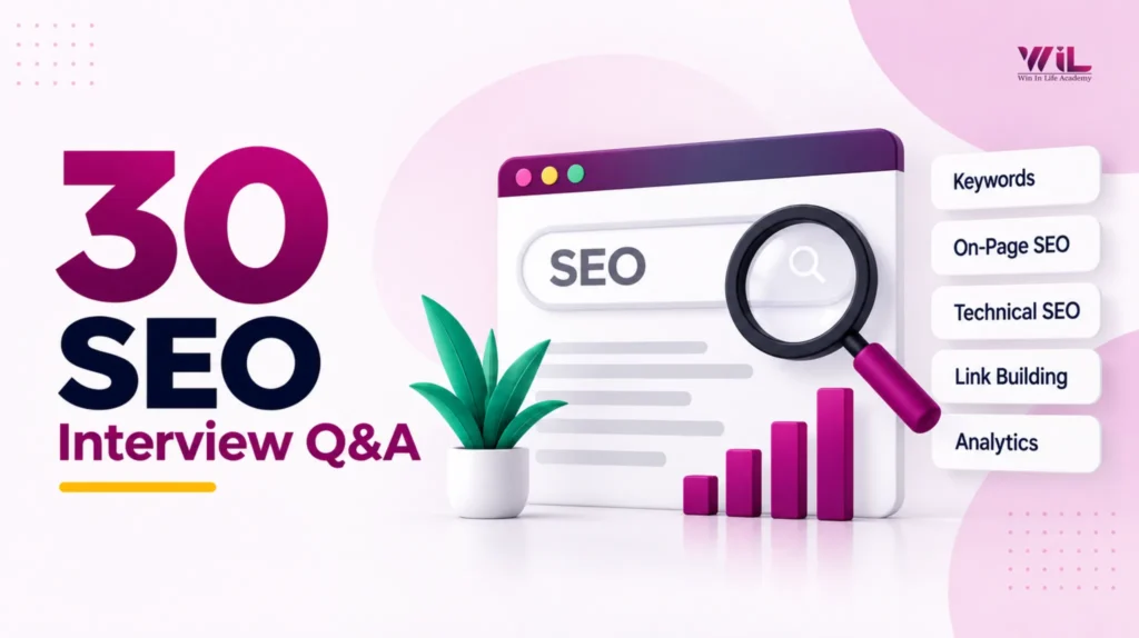 SEO interview questions covering on-page, technical SEO, keyword research, and SEO strategy